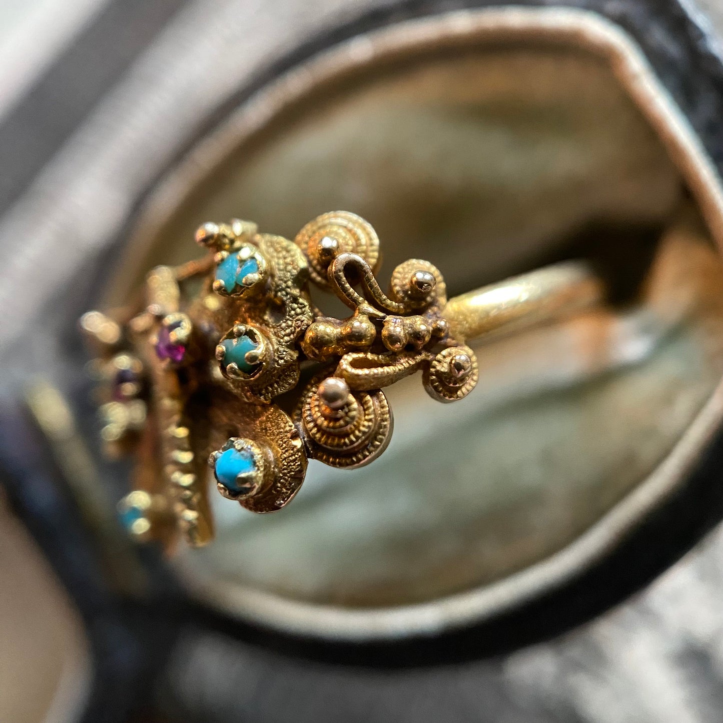 Antique Georgian Cannetille Butterfly Ring with Turquoise and Garnets in 18k Gold c. 1820, Animal, Insect, Bug, 1800's