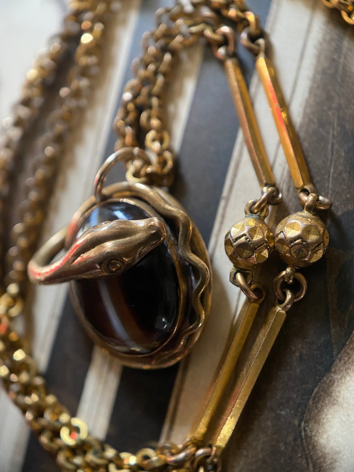 Antique Victorian Pinchbeck Chain Necklace with Banded Agate Snake Pendant c. 1880, Serpent, Charm, 1800's