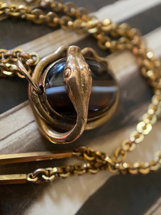 Antique Victorian Pinchbeck Chain Necklace with Banded Agate Snake Pendant c. 1880, Serpent, Charm, 1800's