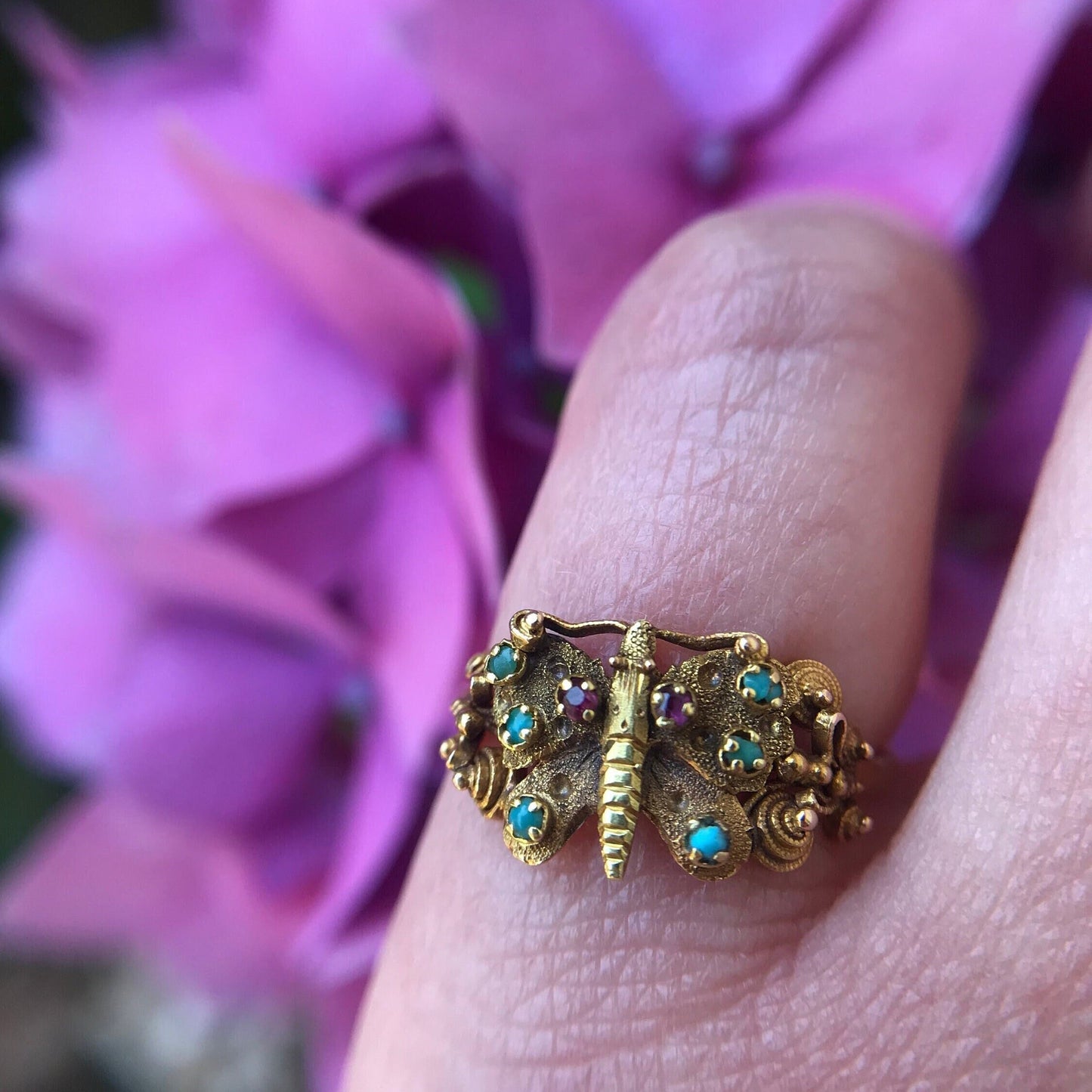 Antique Georgian Cannetille Butterfly Ring with Turquoise and Garnets in 18k Gold c. 1820, Animal, Insect, Bug, 1800's