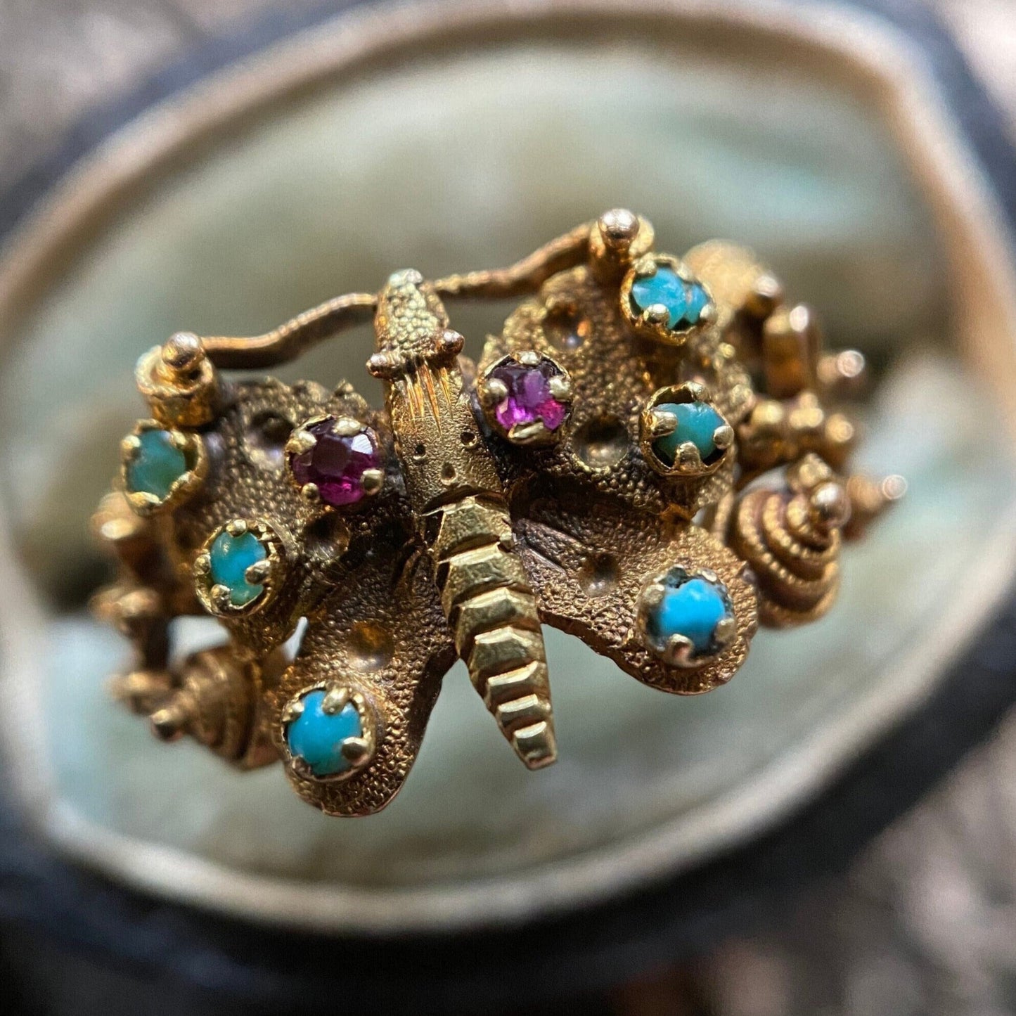 Antique Georgian Cannetille Butterfly Ring with Turquoise and Garnets in 18k Gold c. 1820, Animal, Insect, Bug, 1800's