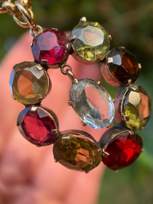 Antique Victorian Harlequin Pear-Shaped Cluster & Dangle Pendant in 9k Gold, Drop, Charm, Multi-Gemstone, Teardrop, Multi-Color, Open Backed