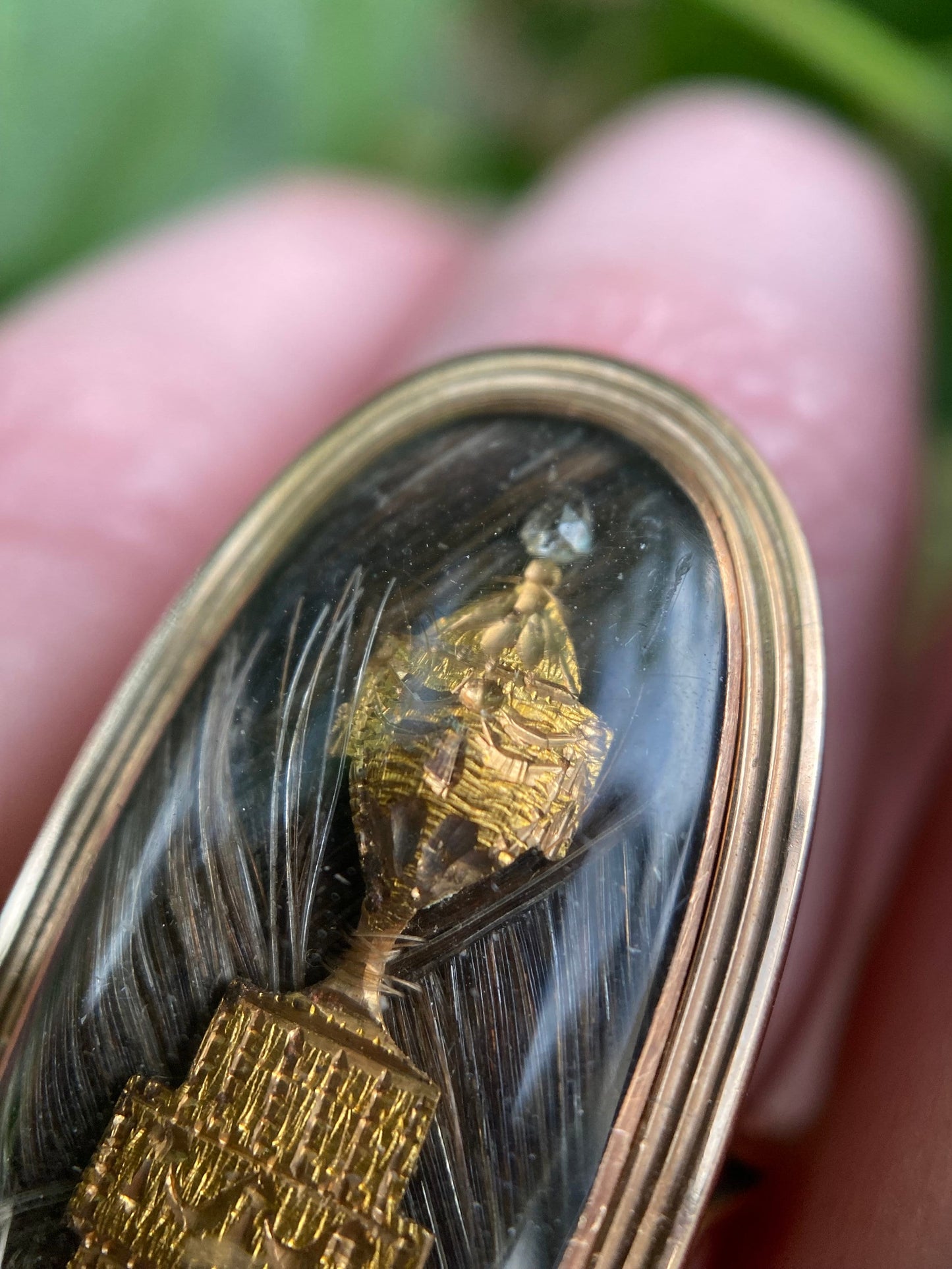 Antique Georgian Mourning Gold Foil and Diamond Urn Ring with Hairwork in 14k Gold c. 1789 , Memorial, Memento Mori, Hair, Neoclassical