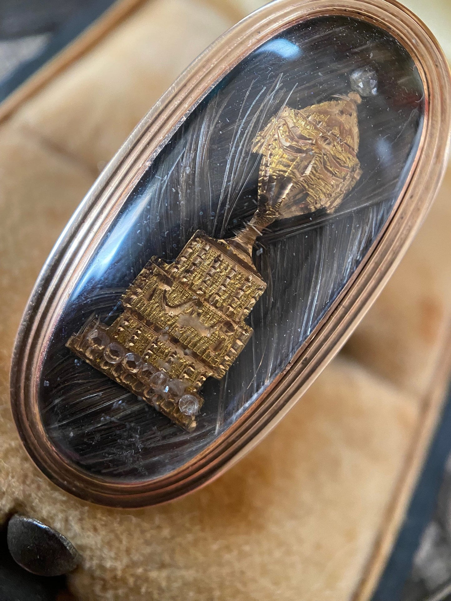 Antique Georgian Mourning Gold Foil and Diamond Urn Ring with Hairwork in 14k Gold c. 1789 , Memorial, Memento Mori, Hair, Neoclassical