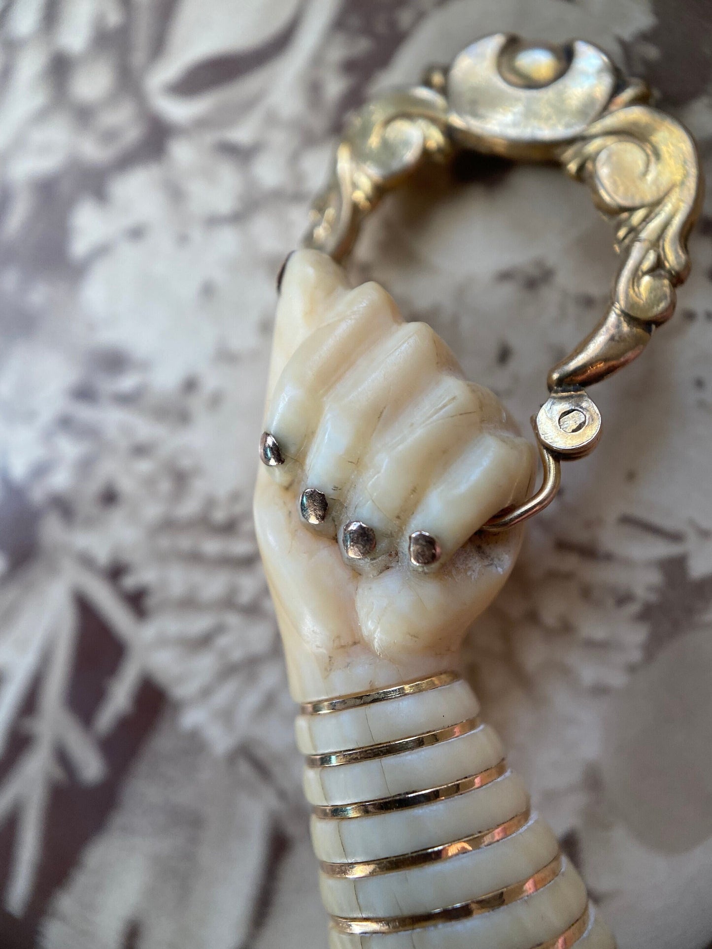 Antique Victorian Carved Bone Figa with Creole Hoop in 10k Gold, Pendant, Charm, Amulet, Mano Fico, Fist, Hand, Evil Eye