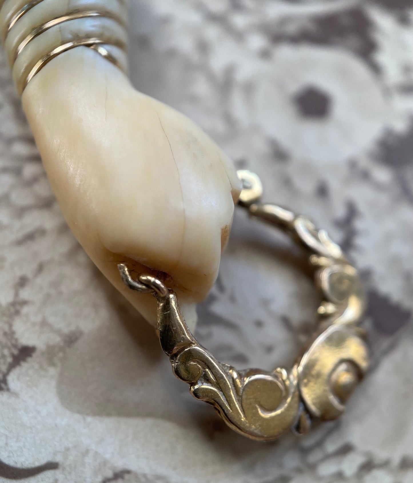 Antique Victorian Carved Bone Figa with Creole Hoop in 10k Gold, Pendant, Charm, Amulet, Mano Fico, Fist, Hand, Evil Eye