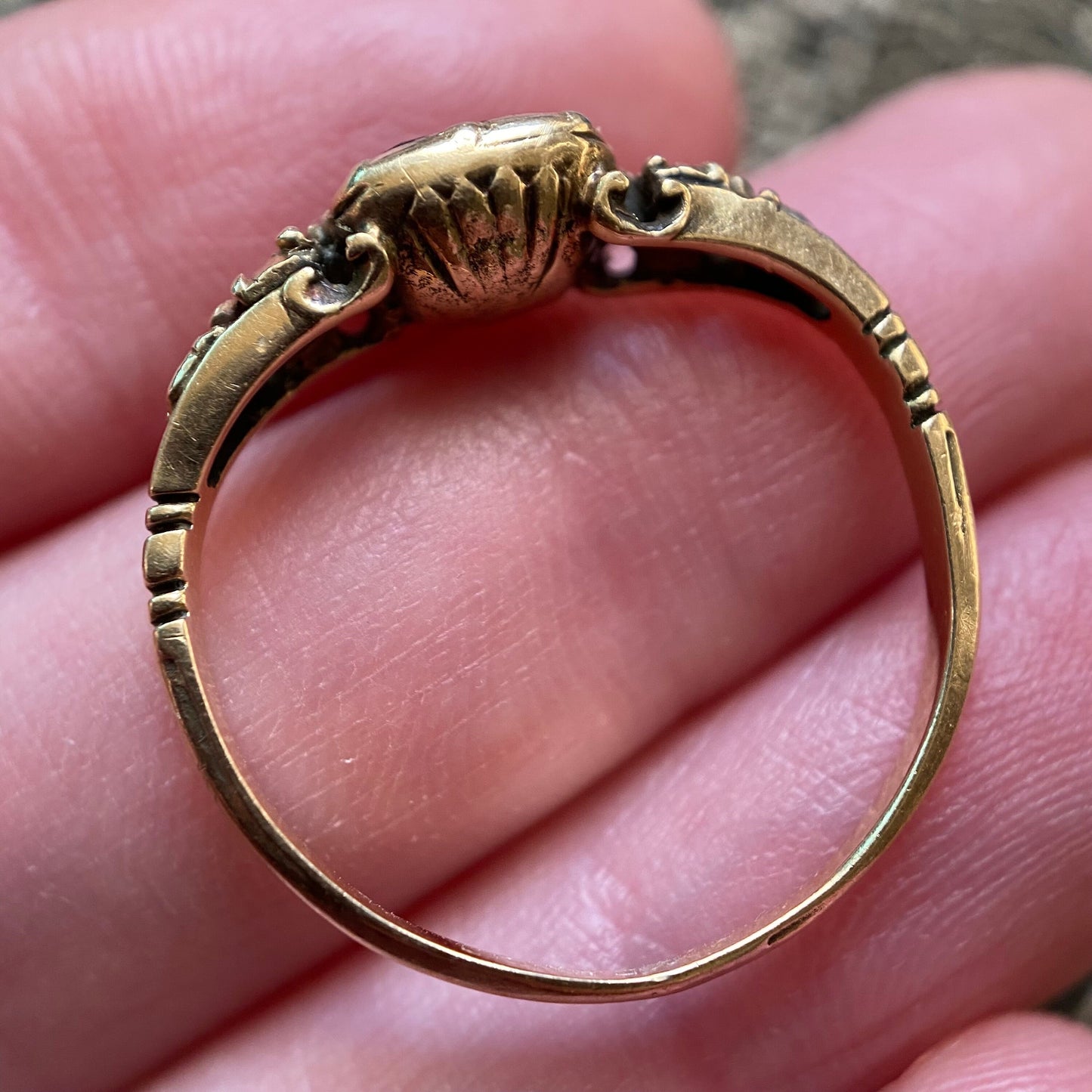 Antique Georgian Rococo Foiled Oval Cut Garnet and Rose Cut Diamonds Half Hoop Ring in 14k Gold, Five Stone, Basket Set, 1700's
