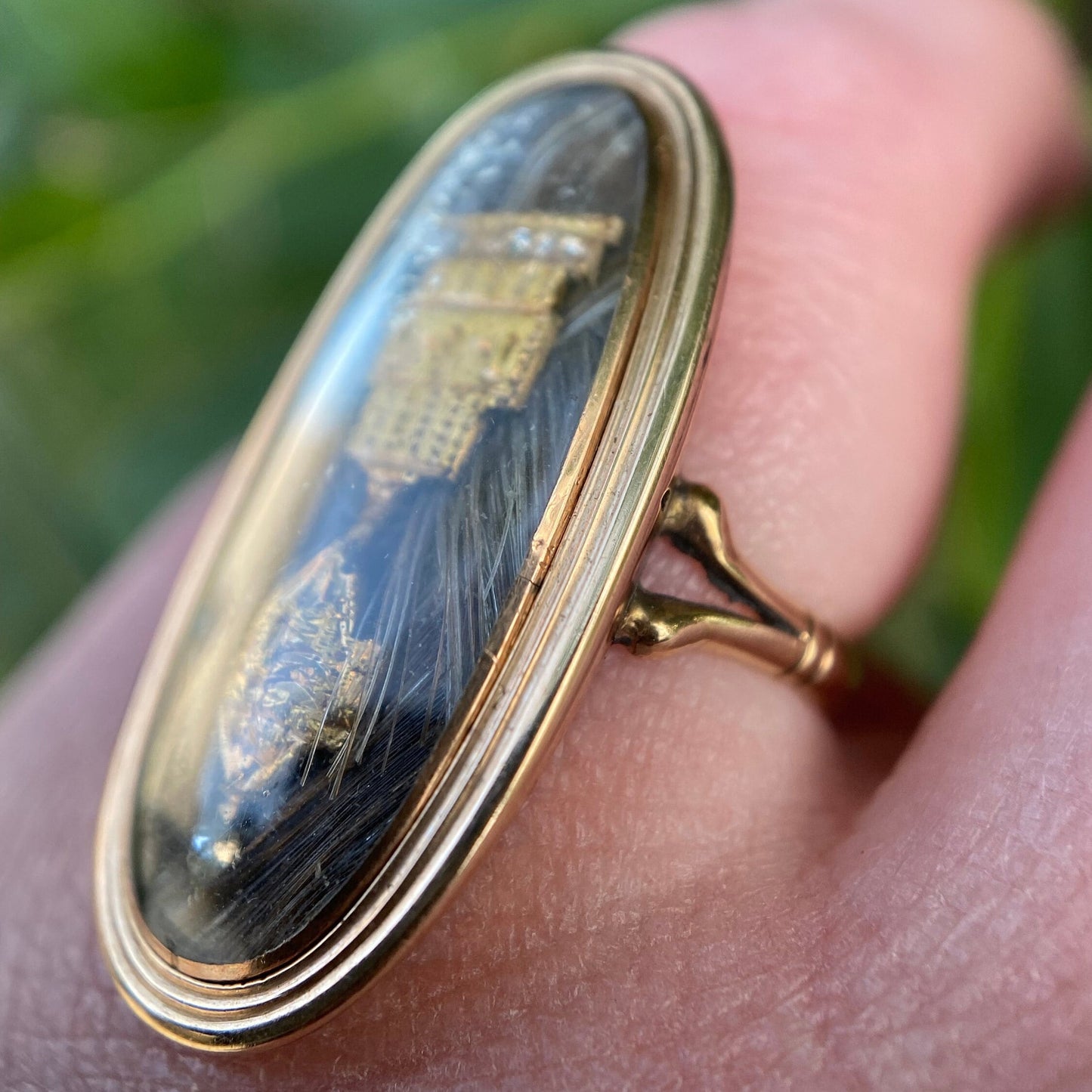 Antique Georgian Mourning Gold Foil and Diamond Urn Ring with Hairwork in 14k Gold c. 1789 , Memorial, Memento Mori, Hair, Neoclassical