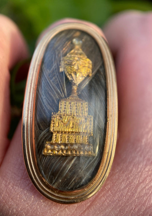 Antique Georgian Mourning Gold Foil and Diamond Urn Ring with Hairwork in 14k Gold c. 1789 , Memorial, Memento Mori, Hair, Neoclassical