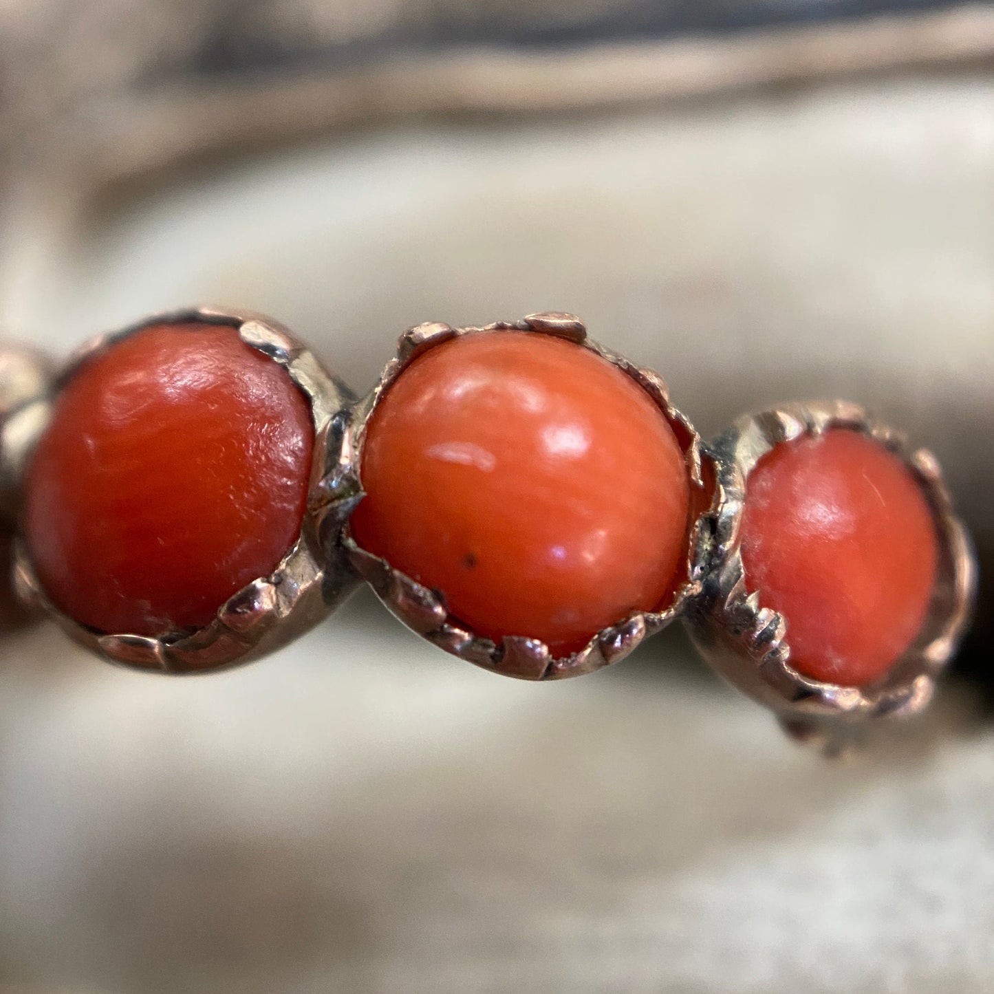 Antique Georgian Coral Half Hoop Ring in 9k Gold, Five Stone, Cabochon, 1800's, Stacking, Stackable