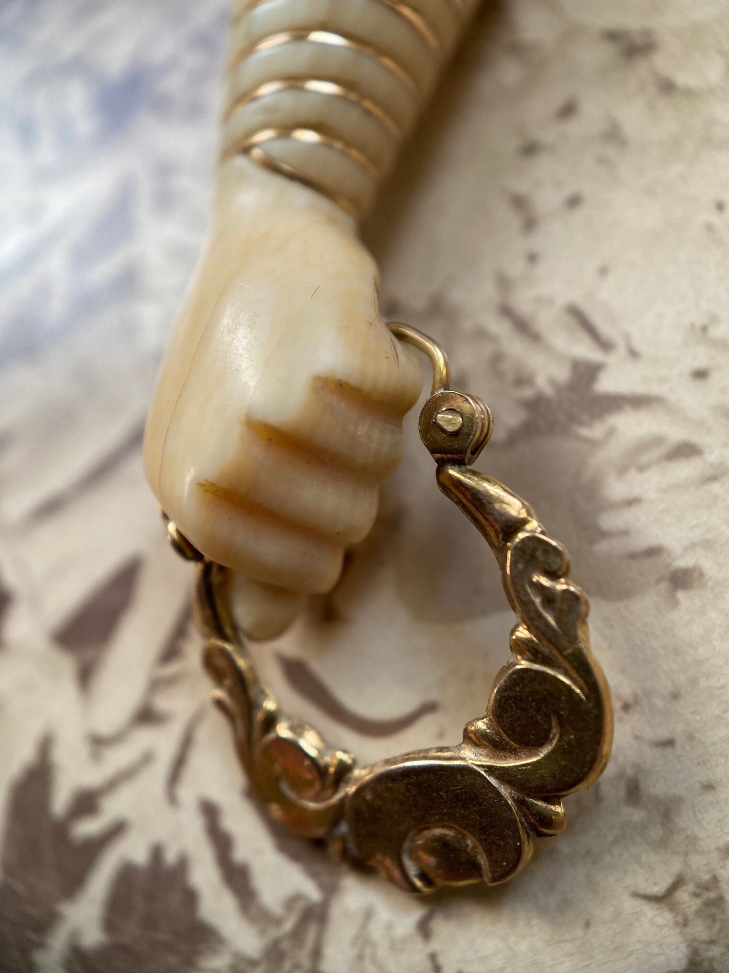 Antique Victorian Carved Bone Figa with Creole Hoop in 10k Gold, Pendant, Charm, Amulet, Mano Fico, Fist, Hand, Evil Eye