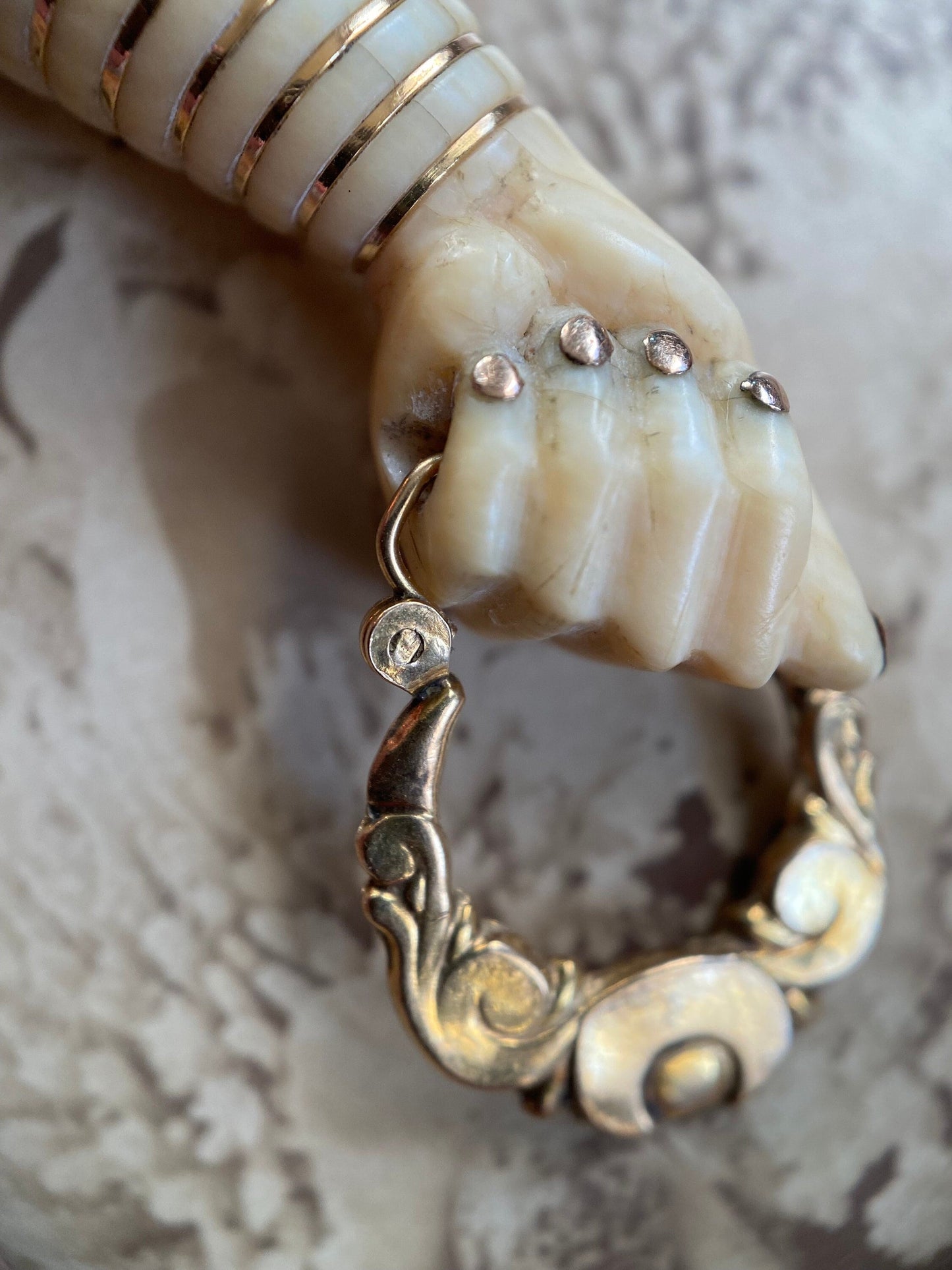 Antique Victorian Carved Bone Figa with Creole Hoop in 10k Gold, Pendant, Charm, Amulet, Mano Fico, Fist, Hand, Evil Eye