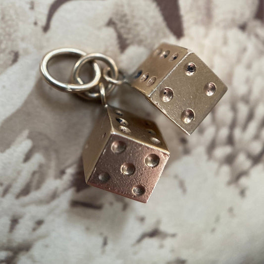 Vintage Hanging Miniature Lucky Pair of Dice Charm in 14k Gold c. 1970, 3D, Three Dimensional, 1970's, 1900's