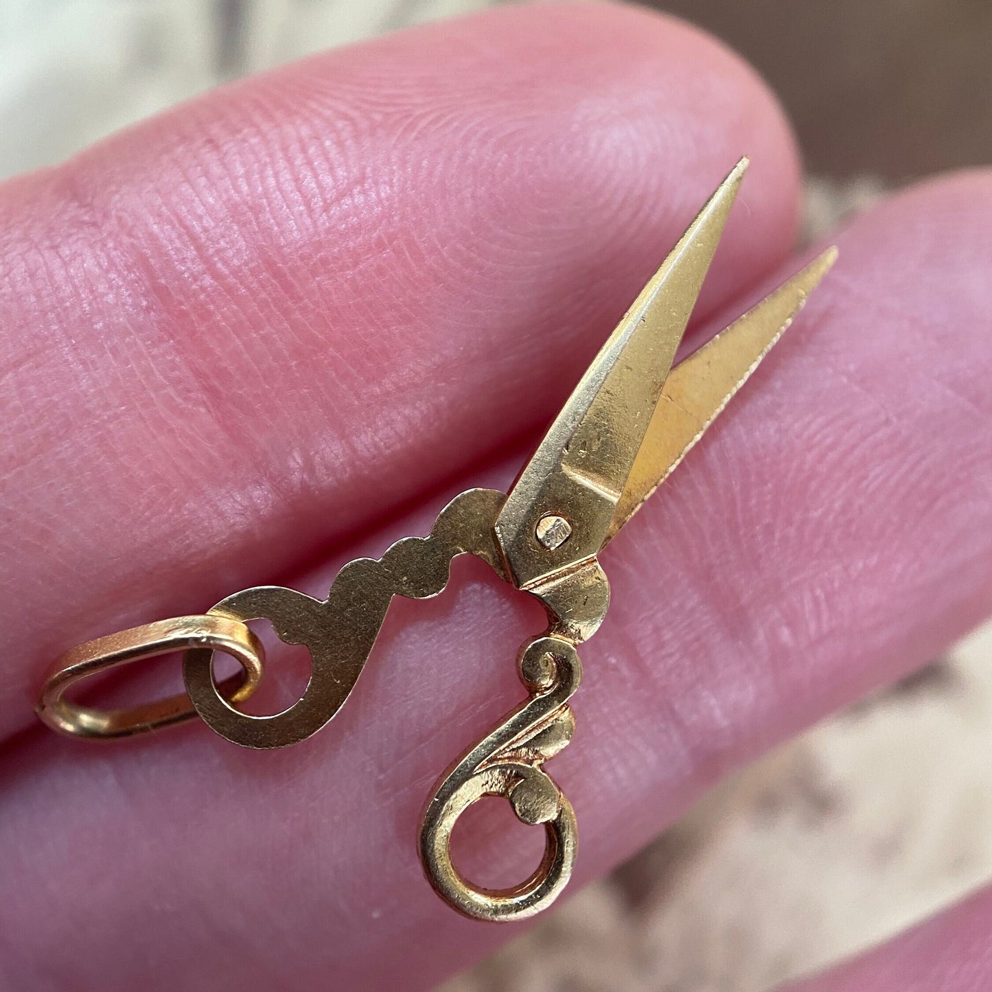 Vintage Mechanical Movable Ornate Miniature Scissors Charm in 14k Gold c. 1970, Articulated, Shears, 1970's, 1900's