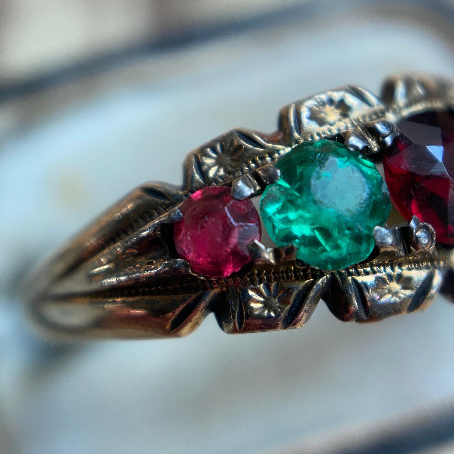 Antique Victorian Paste REGARD Acrostic Ring in 10k Rolled Gold c. 1890, 1800's, Multi Gemstone, Half Hoop, Love Token, Sentimental
