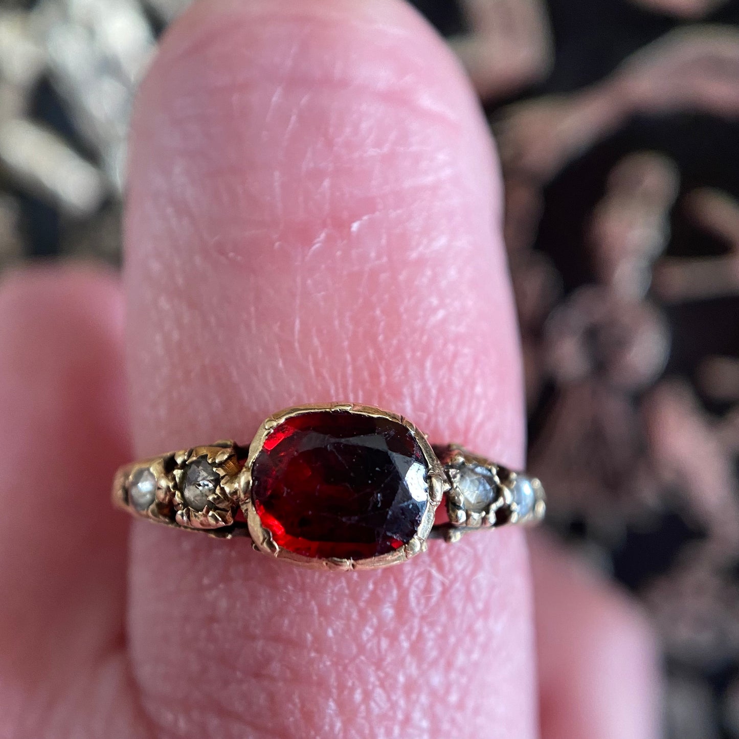 Antique Georgian Rococo Foiled Oval Cut Garnet and Rose Cut Diamonds Half Hoop Ring in 14k Gold, Five Stone, Basket Set, 1700's