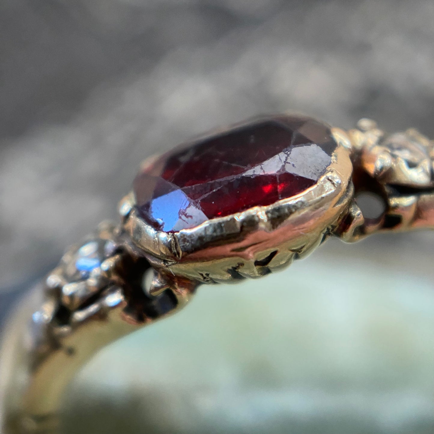Antique Georgian Rococo Foiled Oval Cut Garnet and Rose Cut Diamonds Half Hoop Ring in 14k Gold, Five Stone, Basket Set, 1700's