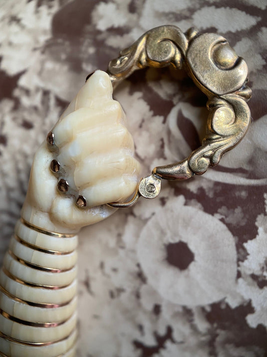Antique Victorian Carved Bone Figa with Creole Hoop in 10k Gold, Pendant, Charm, Amulet, Mano Fico, Fist, Hand, Evil Eye