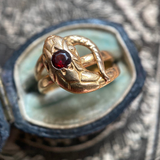 Antique Victorian French Garnet Coiled Snake Ring in 18k Gold, Ouroboros, 1800's, Serpent, Love Token, Sentimental, Ouroboros