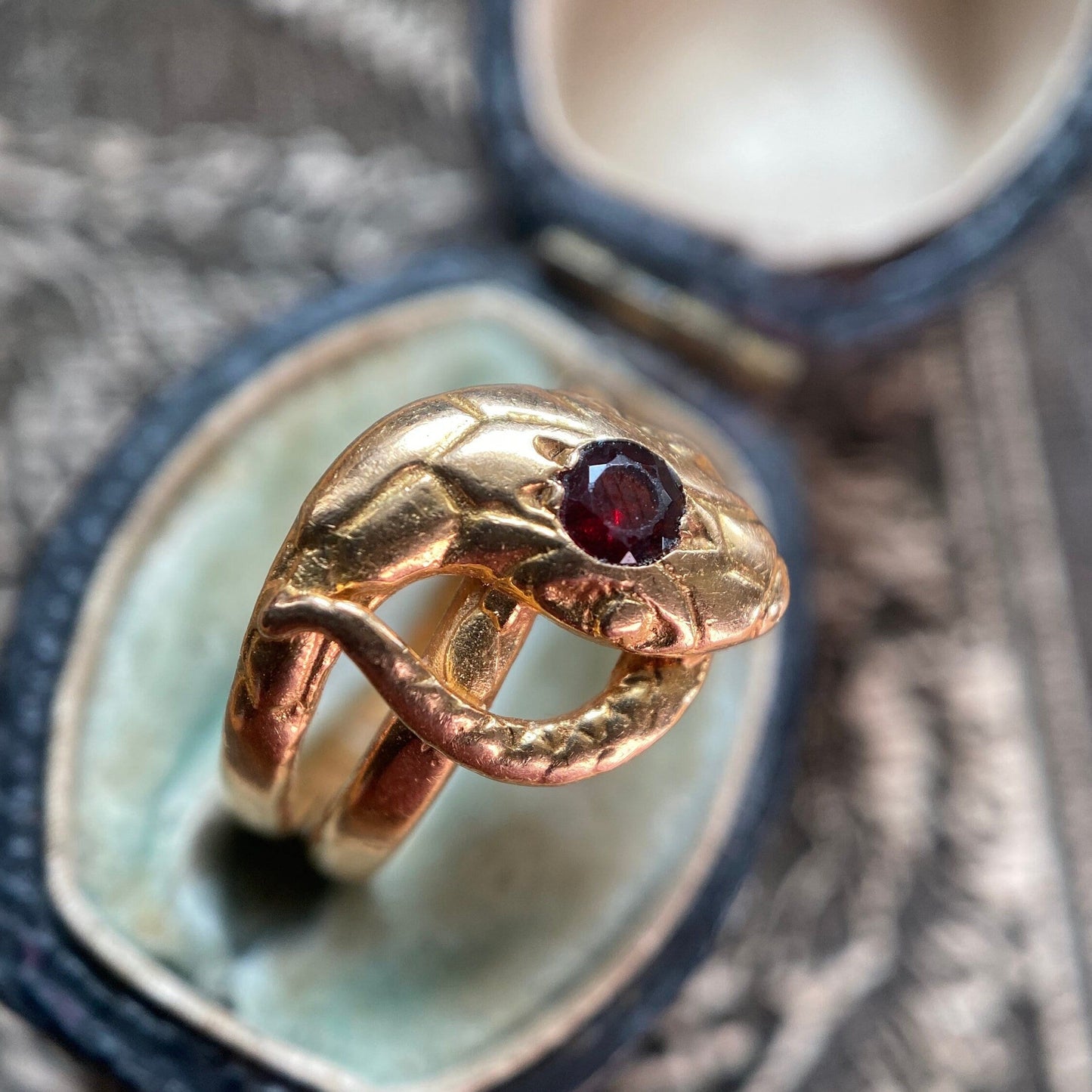 Antique Victorian French Garnet Coiled Snake Ring in 18k Gold, Ouroboros, 1800's, Serpent, Love Token, Sentimental, Ouroboros