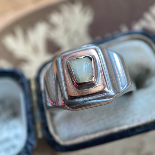 Antique Art Deco French Milk Tooth Signet Ring in Silver and 18k Rose Gold, Baby Tooth, Sentimental, 1900's