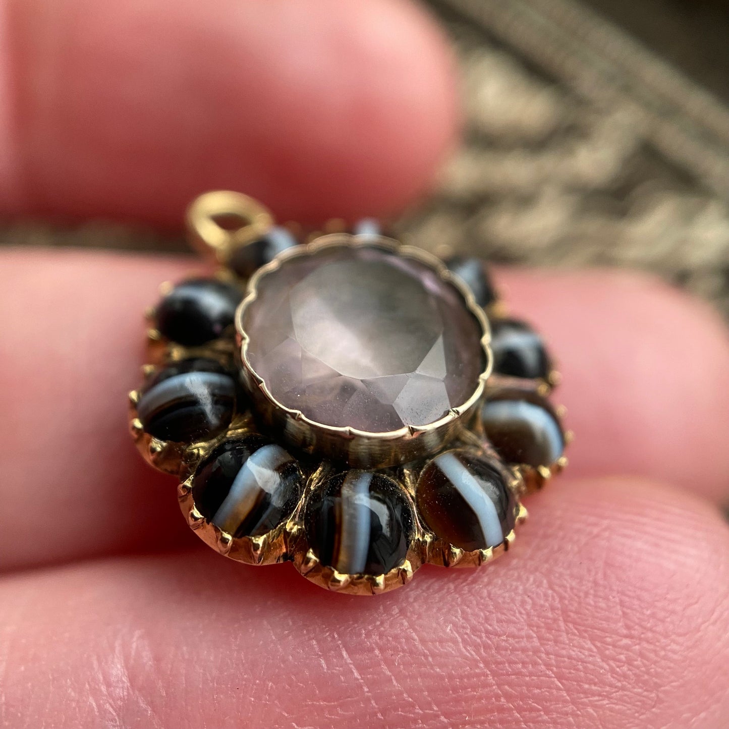 Antique Georgian Banded Agate and Rock Crystal Mourning Charm in 18k Gold, Pendant, Memorial, Memento Mori