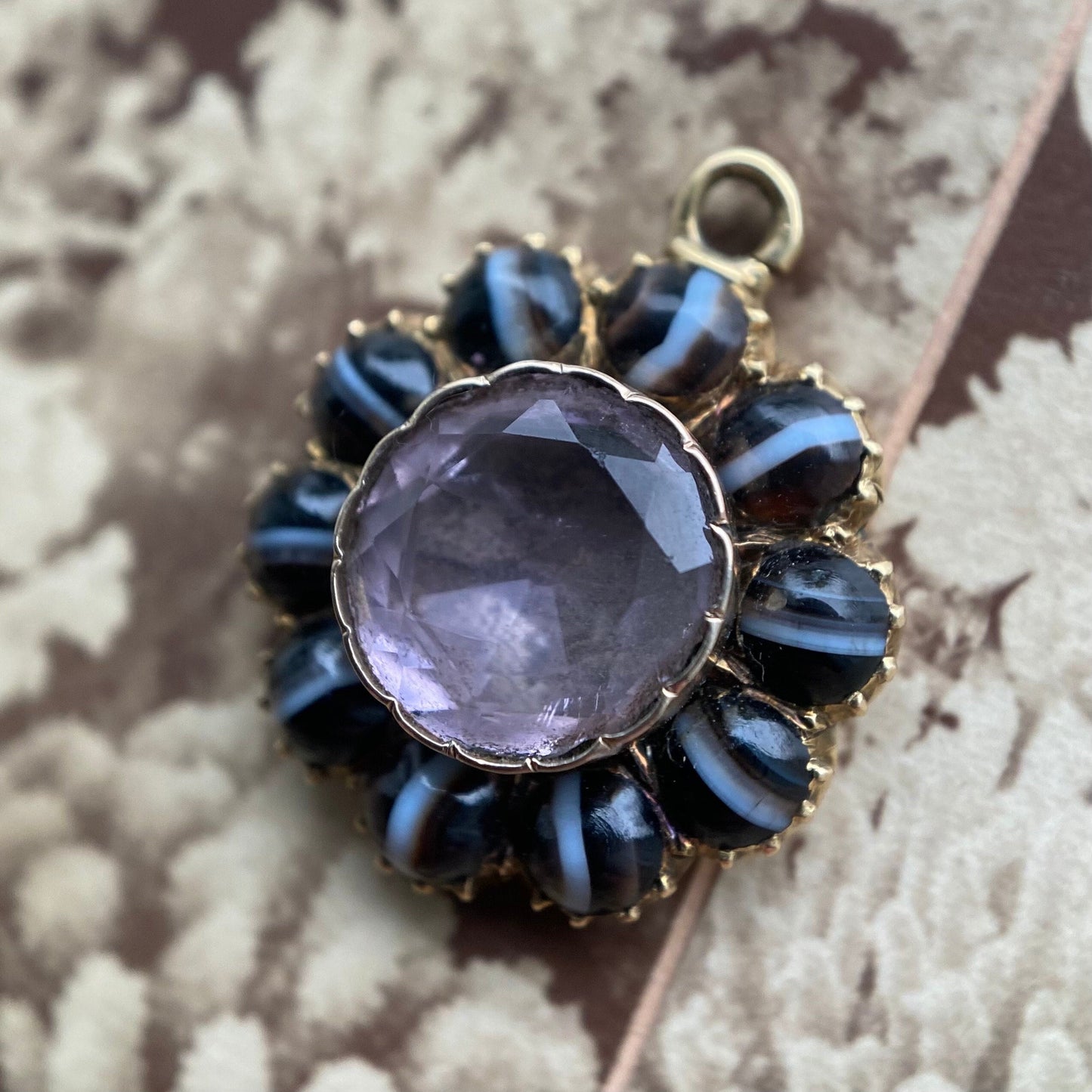 Antique Georgian Banded Agate and Rock Crystal Mourning Charm in 18k Gold, Pendant, Memorial, Memento Mori