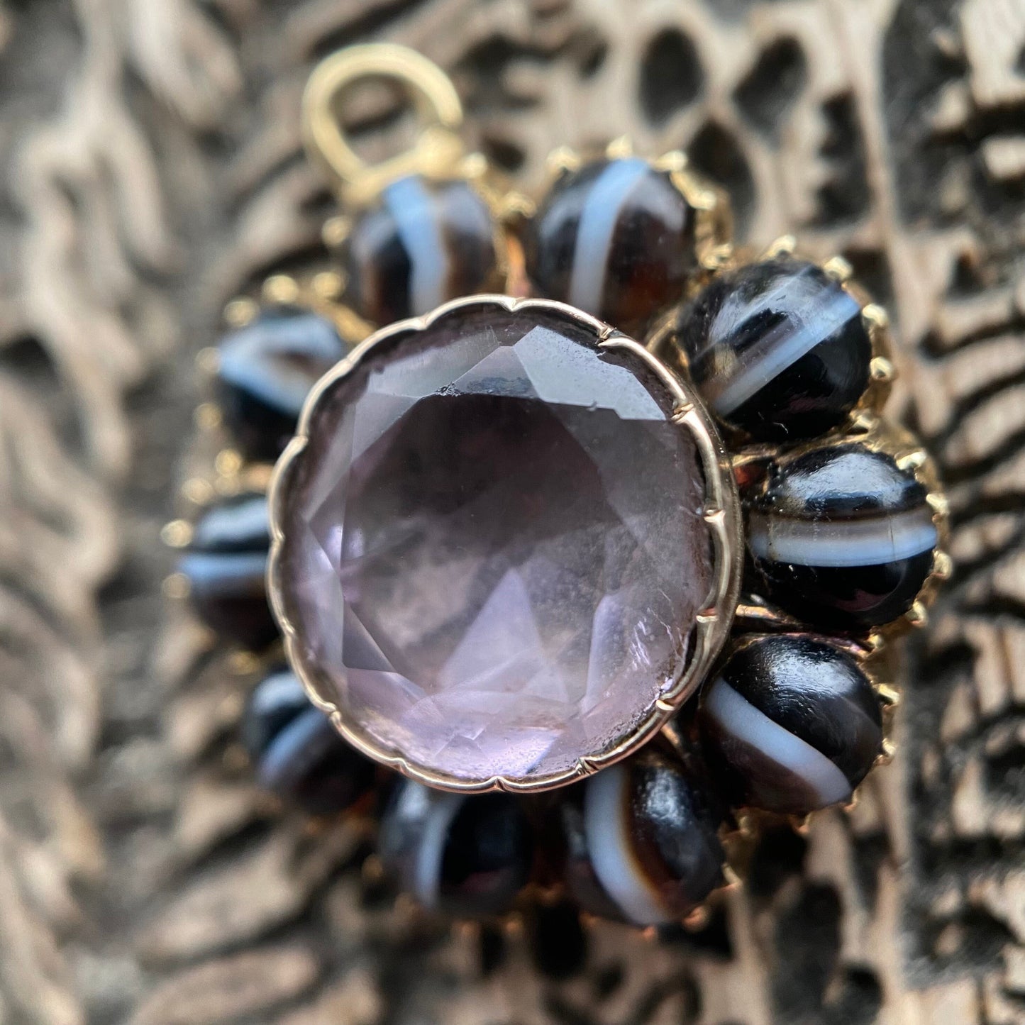 Antique Georgian Banded Agate and Rock Crystal Mourning Charm in 18k Gold, Pendant, Memorial, Memento Mori