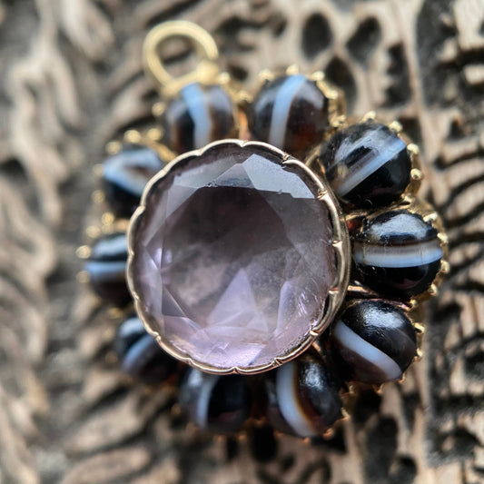 Antique Georgian Banded Agate and Rock Crystal Mourning Charm in 18k Gold, Pendant, Memorial, Memento Mori