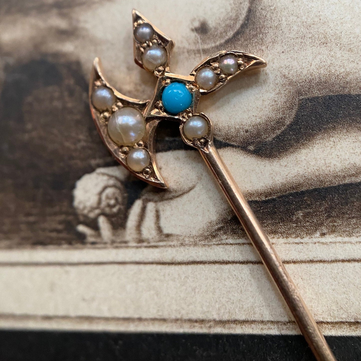 Antique Victorian Turquoise and Pearl Axe Stickpin in 14k Gold, Lapel, Tie Pin, Weapon, Figural, 1800's