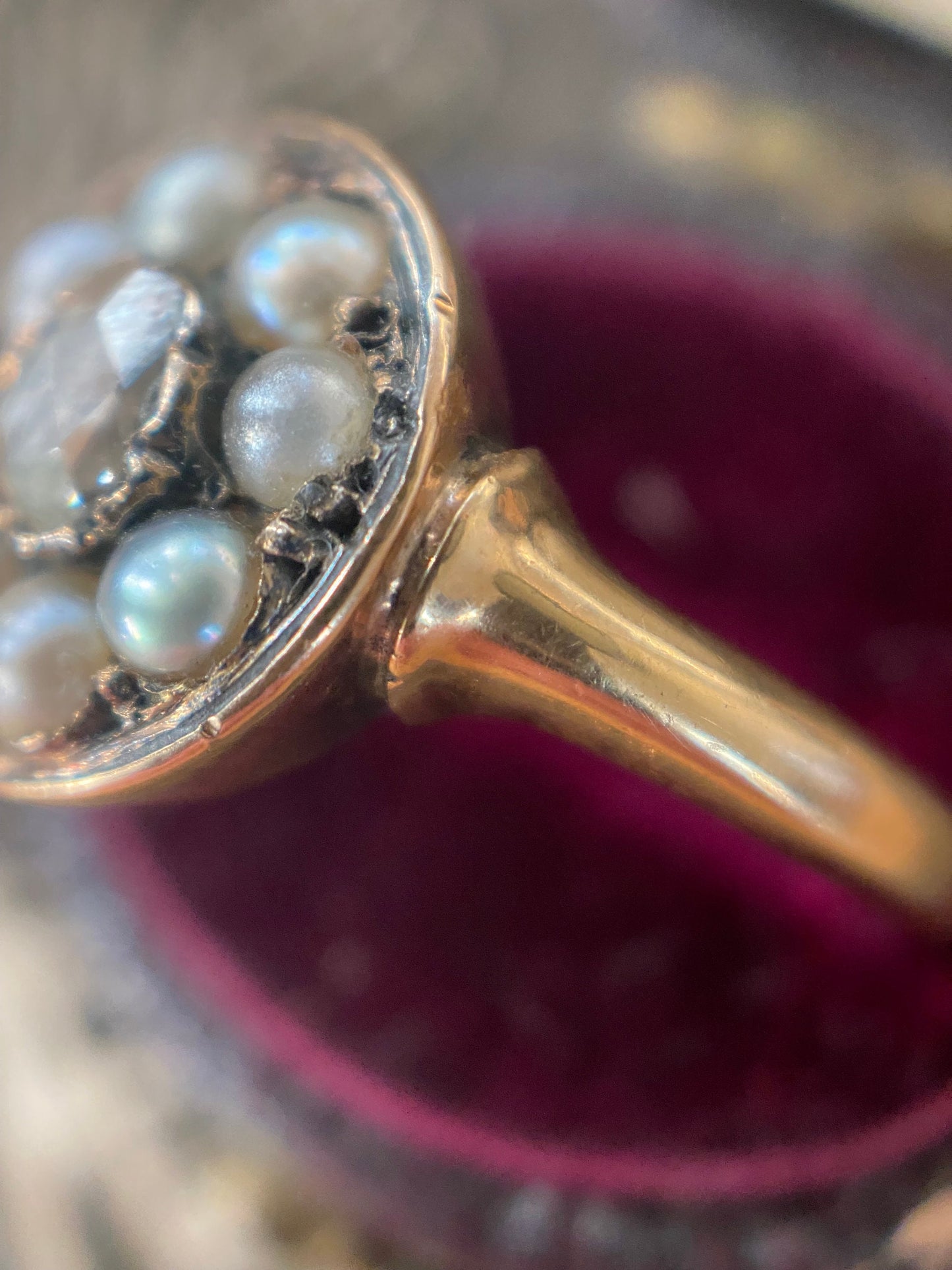 Antique Georgian Rose Cut Diamond and Seed Pearl Surround Cluster Ring in 14k Gold, Target