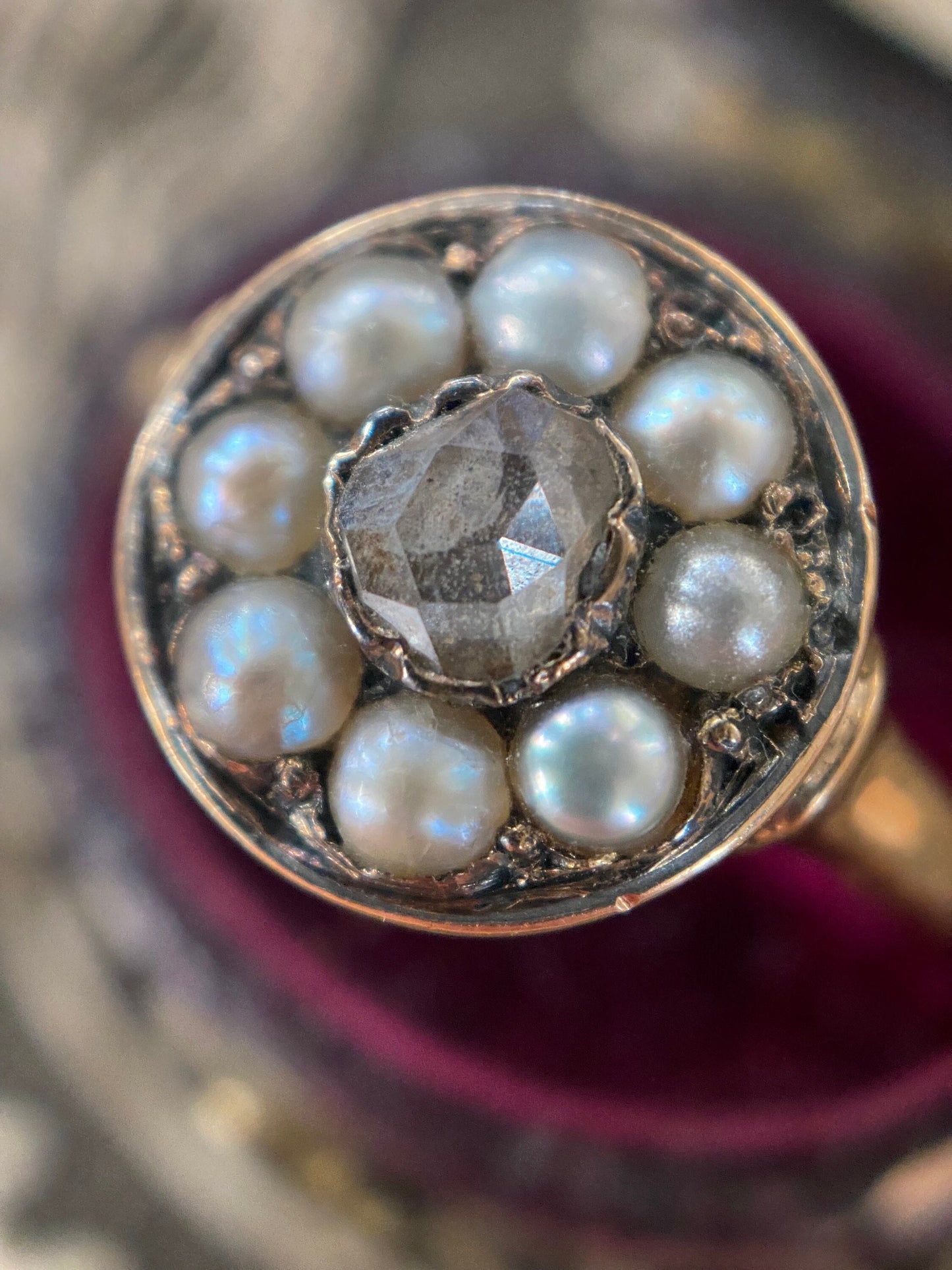 Antique Georgian Rose Cut Diamond and Seed Pearl Surround Cluster Ring in 14k Gold, Target