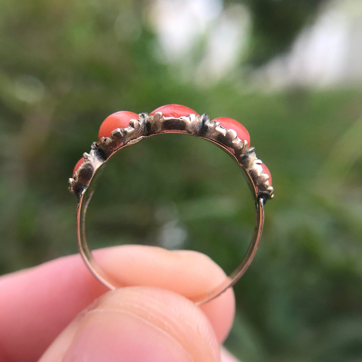 Antique Georgian Coral Half Hoop Ring in 9k Gold, Five Stone, Cabochon, 1800's, Stacking, Stackable