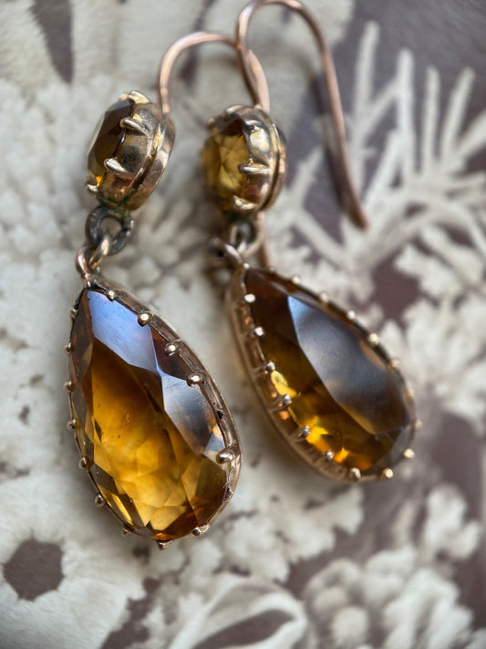 Antique Victorian Faceted Citrine Pendeloque Earrings in 9k Gold c. 1860, Drop, Dangle, Pear, Teardrop, 1800's