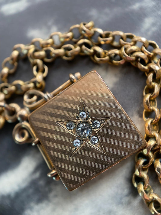 Antique Victorian American Lucky Star 14k Gold Filled Locket Fob, Starburst, Celestial, Pendant, Charm, 1800's, Paste