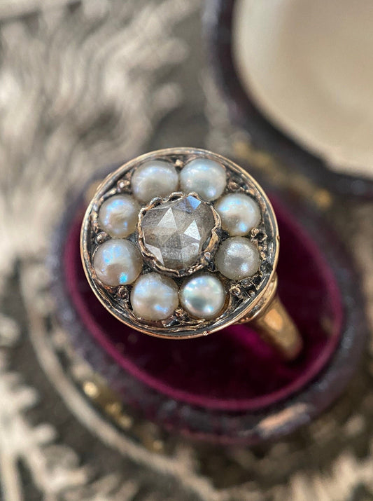Antique Georgian Rose Cut Diamond and Seed Pearl Surround Cluster Ring in 14k Gold, Target