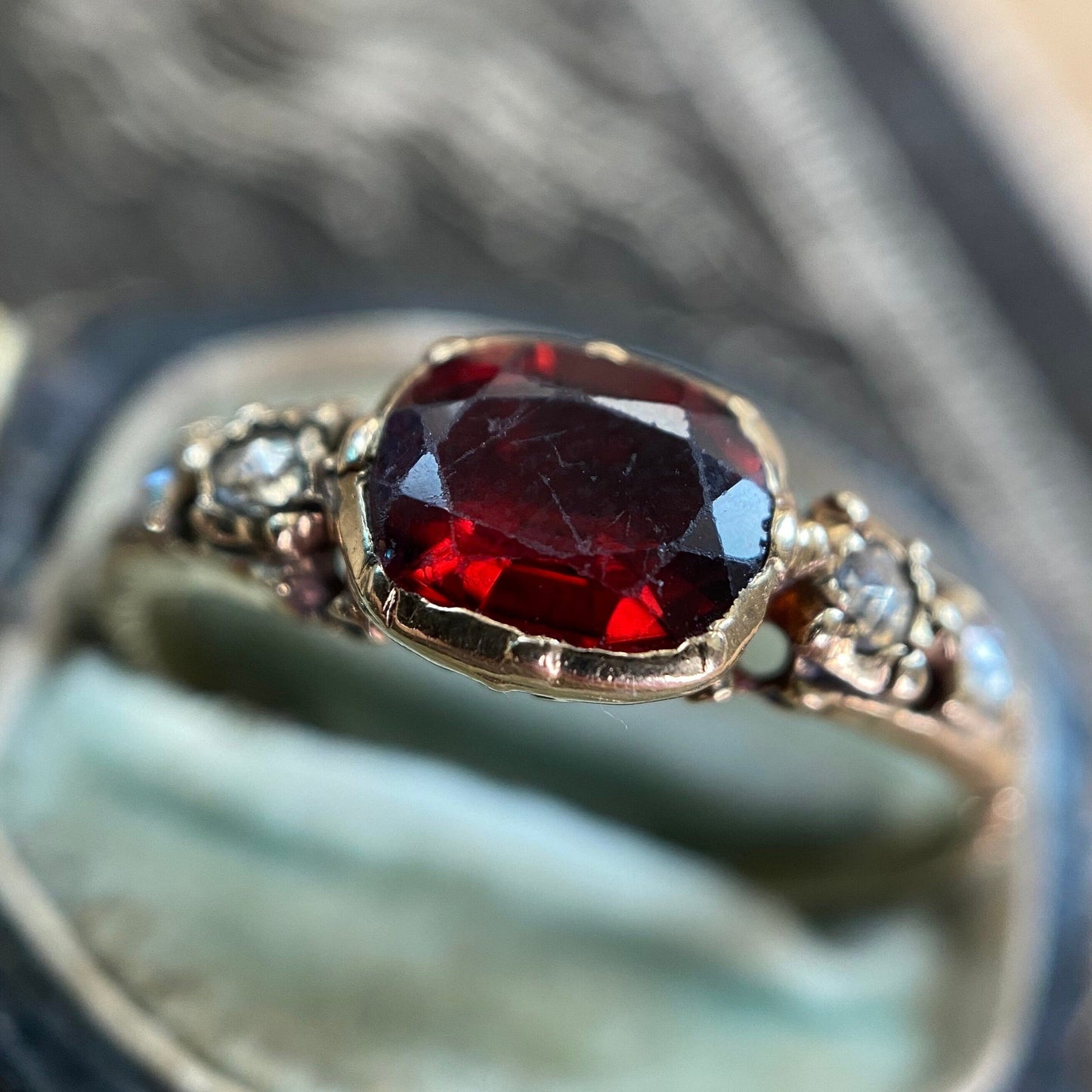 Antique Georgian Rococo Foiled Oval Cut Garnet and Rose Cut Diamonds Half Hoop Ring in 14k Gold, Five Stone, Basket Set, 1700's