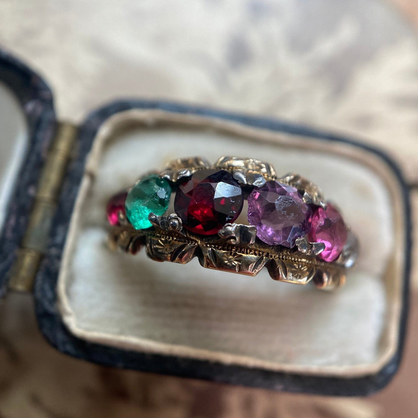 Antique Victorian Paste REGARD Acrostic Ring in 10k Rolled Gold c. 1890, 1800's, Multi Gemstone, Half Hoop, Love Token, Sentimental