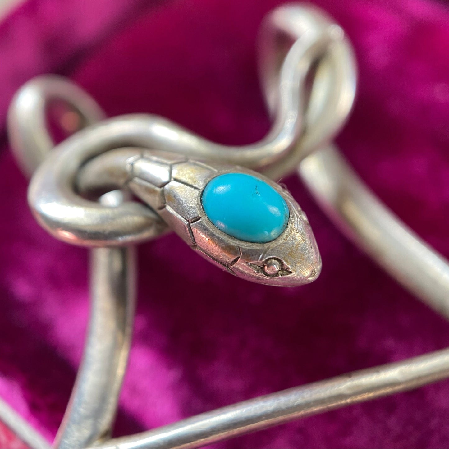 Antique Victorian Silver and Turquoise Coiled Snake Bar Brooch, Safety Pin, Serpent, Pendant, Charm Holder, Extender, 1800's