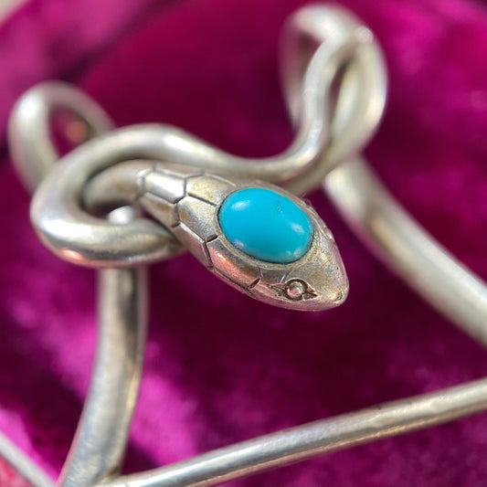 Antique Victorian Silver and Turquoise Coiled Snake Bar Brooch, Safety Pin, Serpent, Pendant, Charm Holder, Extender, 1800's