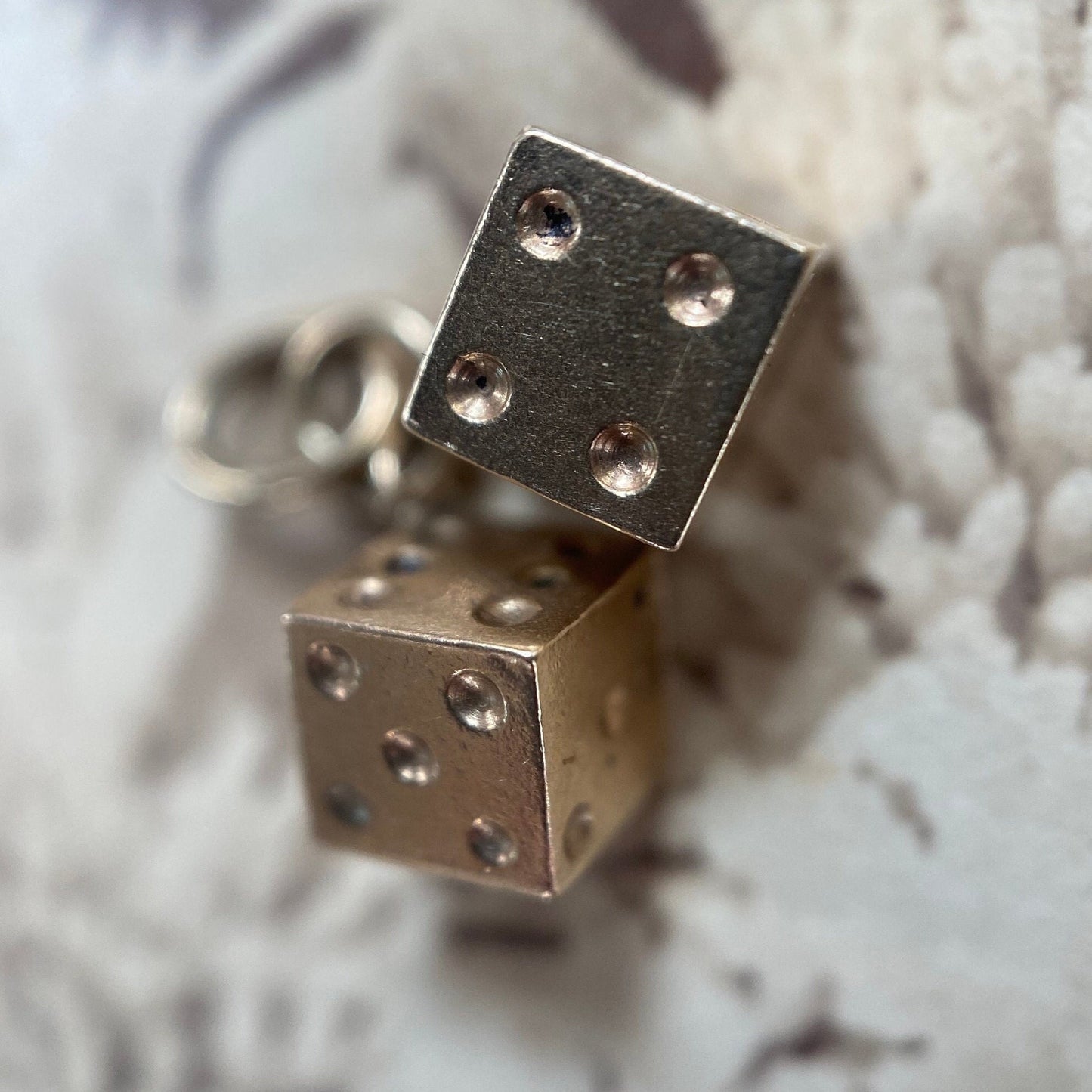 Vintage Hanging Miniature Lucky Pair of Dice Charm in 14k Gold c. 1970, 3D, Three Dimensional, 1970's, 1900's