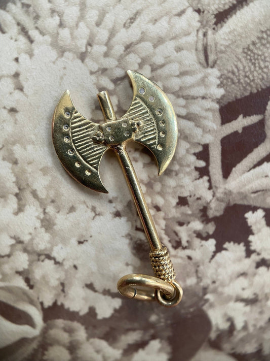 Vintage Double Sided Battle Axe Charm in 18k Gold c. 1980, Viking, Labrys, Weapon, Protection, Three-Dimensional, 3D, Pendant