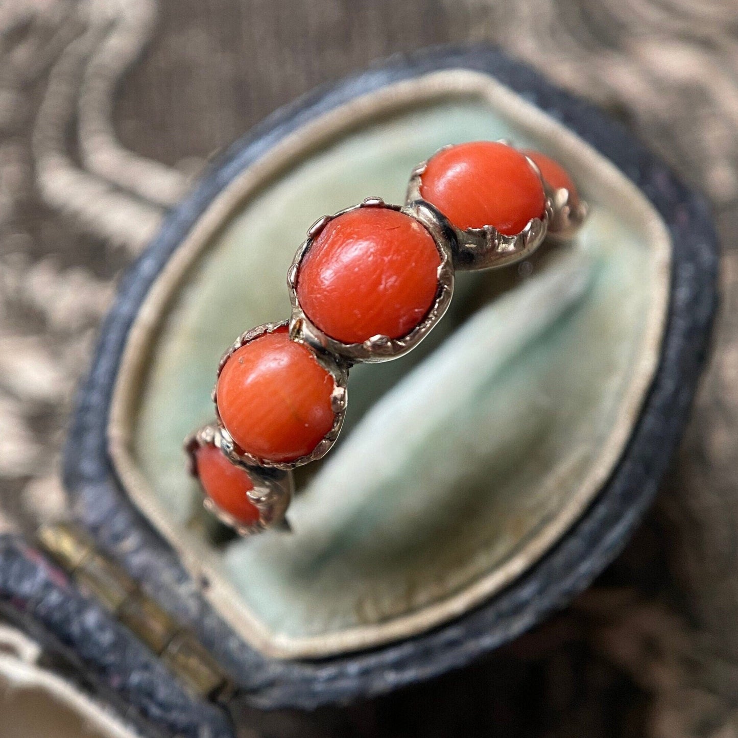 Antique Georgian Coral Half Hoop Ring in 9k Gold, Five Stone, Cabochon, 1800's, Stacking, Stackable