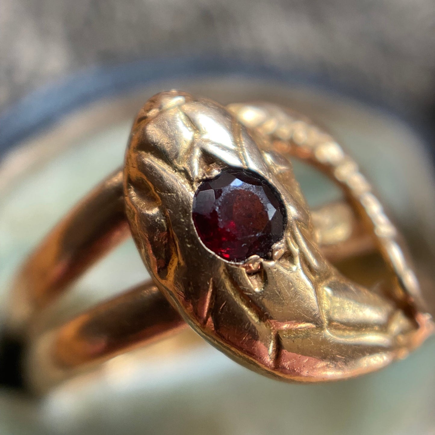Antique Victorian French Garnet Coiled Snake Ring in 18k Gold, Ouroboros, 1800's, Serpent, Love Token, Sentimental, Ouroboros