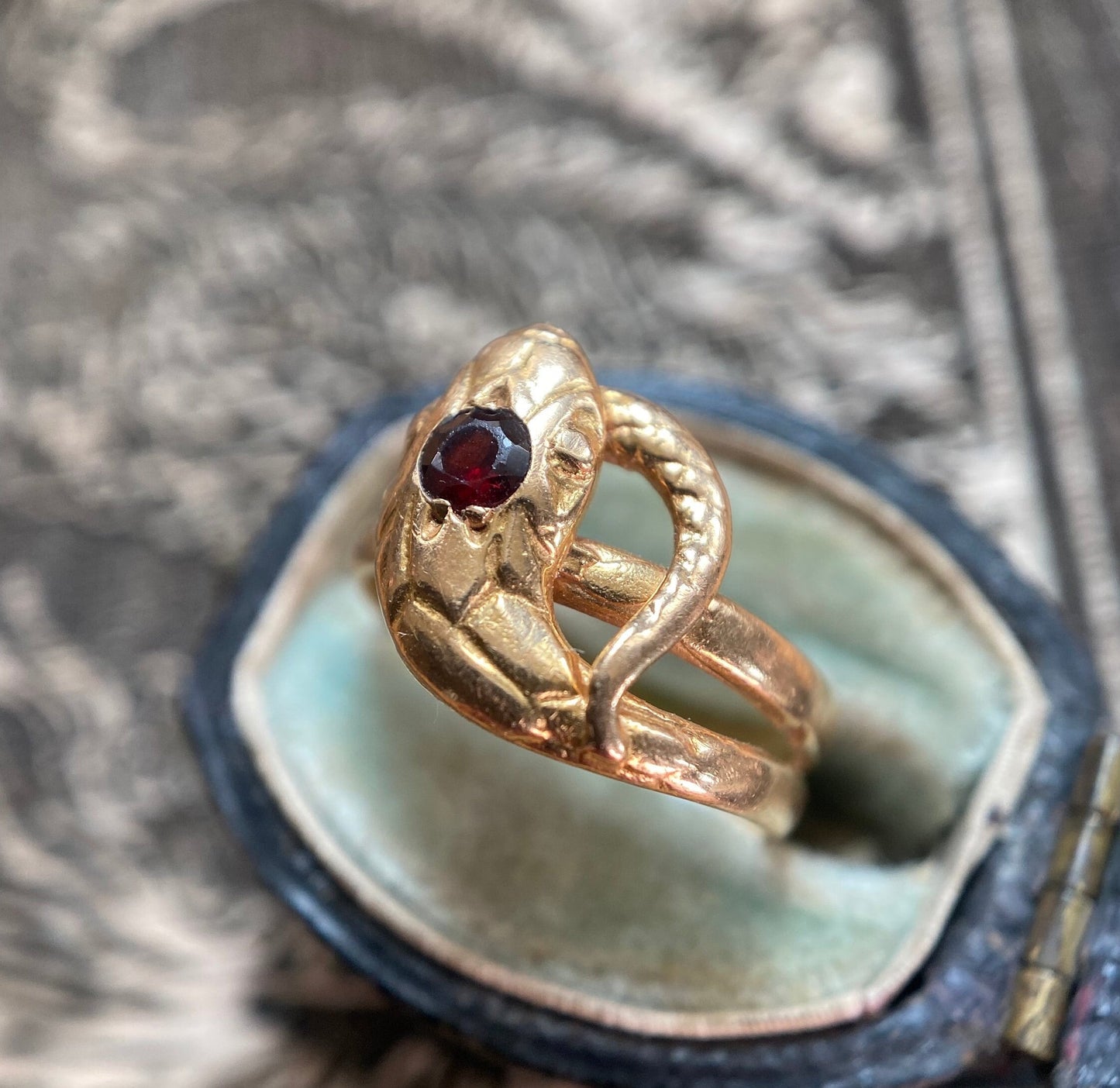 Antique Victorian French Garnet Coiled Snake Ring in 18k Gold, Ouroboros, 1800's, Serpent, Love Token, Sentimental, Ouroboros