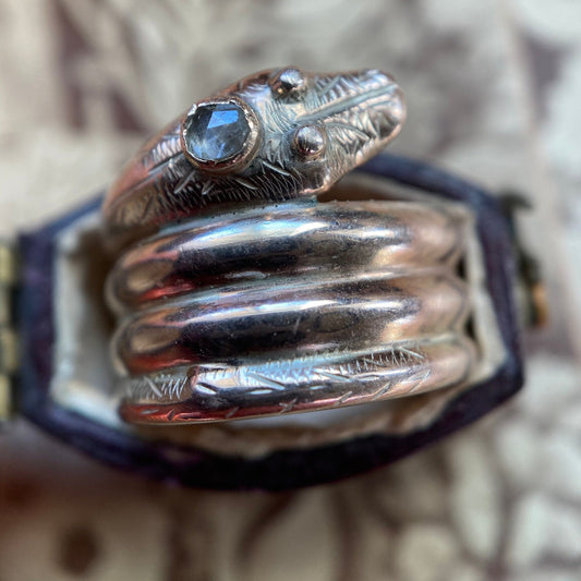 Antique Victorian Wide Quadruple Coiled Diamond Snake Ring in 18k Gold c. 1860, Serpent, 1800's, Love Token, Sentimental