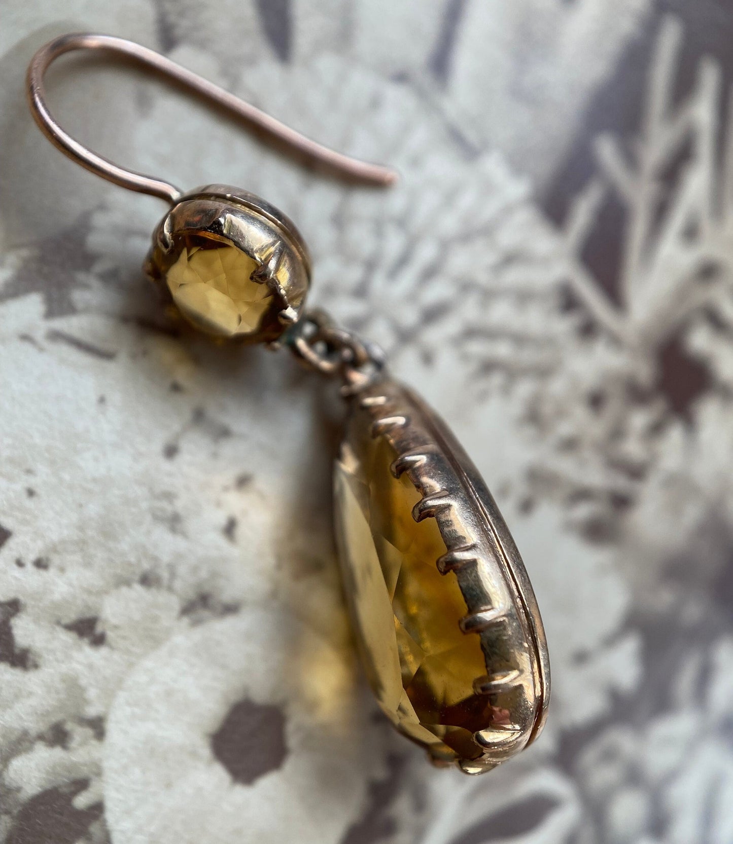 Antique Victorian Faceted Citrine Pendeloque Earrings in 9k Gold c. 1860, Drop, Dangle, Pear, Teardrop, 1800's