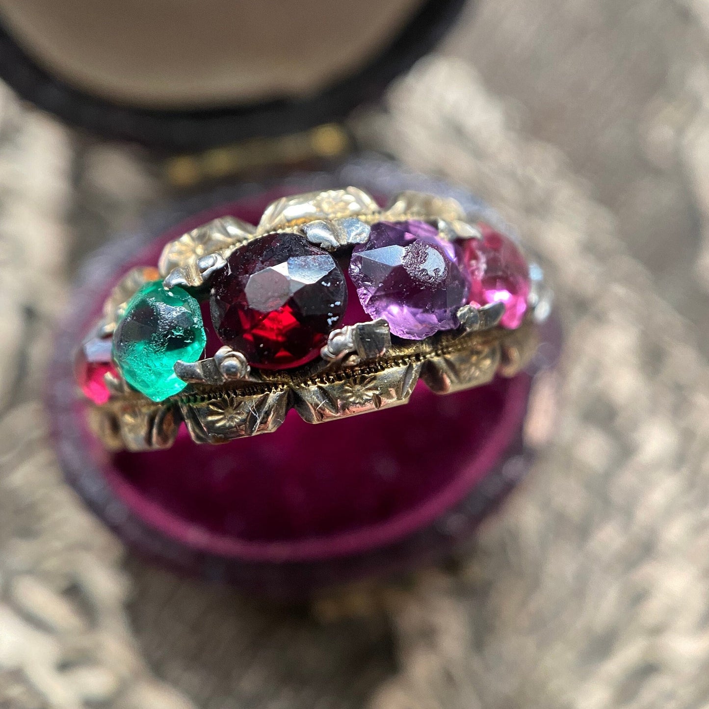 Antique Victorian Paste REGARD Acrostic Ring in 10k Rolled Gold c. 1890, 1800's, Multi Gemstone, Half Hoop, Love Token, Sentimental