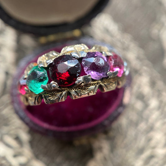 Antique Victorian Paste REGARD Acrostic Ring in 10k Rolled Gold c. 1890, 1800's, Multi Gemstone, Half Hoop, Love Token, Sentimental