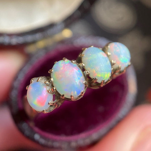 Antique Edwardian Opal Four Stone Half Hoop Ring with Chester Hallmarks in 9k Gold c. 1902, 1900's, Victorian, Stacking, Stackable